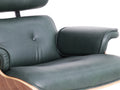 Meseo Royal Green Leather Lounge Chair and Ottoman with soft green leather upholstery and wooden armrest.