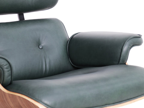 Meseo Royal Green Leather Lounge Chair and Ottoman with soft green leather upholstery and wooden armrest.