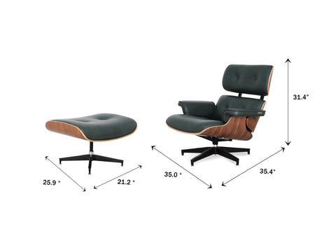 Meseo Royal Green Leather Lounge Chair and Ottoman with dimensions showcased, featuring mid-century and contemporary design.