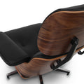 Meseo Black Leather Lounge Chair and Ottoman with sleek wood and black leather upholstery.