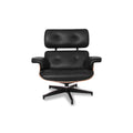 Meseo Black Leather Lounge Chair and Ottoman, featuring a sleek design and luxurious black leather upholstery.