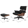 Meseo Black Leather Lounge Chair and Ottoman dimensions showing modern design and ergonomic comfort.