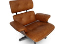 Meseo Cognac Lounge Chair and Ottoman in vintage-inspired cognac leather, showcasing mid-century modern luxury and contemporary comfort.