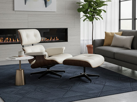 Meseo Cream Leather Lounge Chair and Ottoman in a modern living room setting with a fireplace.