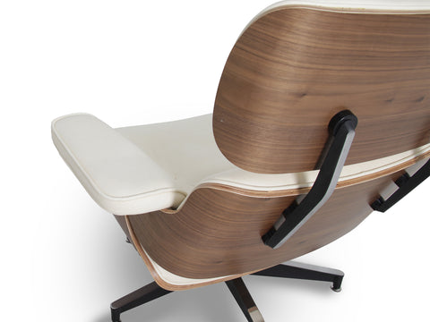 Meseo Cream Leather Lounge Chair and Ottoman with wooden back and sleek design.