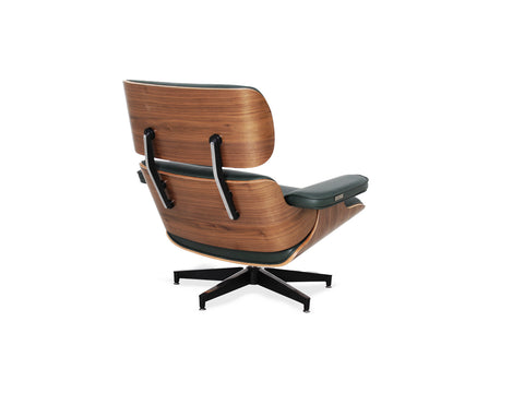 Meseo Royal Green Leather Lounge Chair and Ottoman showcasing a stylish wood and leather design from the back.