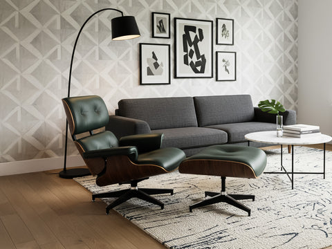 Meseo Royal Green Leather Lounge Chair and Ottoman in a stylish living room setting with modern decor.