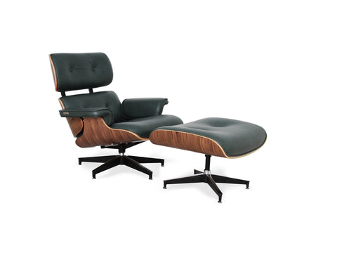 Meseo Royal Green Leather Lounge Chair and Ottoman with wood accents, perfect for modern living spaces.