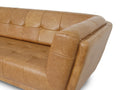 Mid Century Camel Brown Tufted Leather Sofa with flared arms and grid-tufted backrest, showcasing warm tan full aniline leather and teak oak legs.