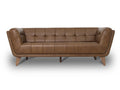 Mid Century Chestnut Brown Tufted Leather Sofa with grid-tufted backrest and flared arms, showcasing elegant design and comfort.