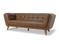 Mid Century Chestnut Brown Tufted Leather Sofa with grid-tufted backrest and flared arms.