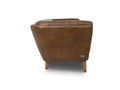 Side view of Mid Century Chestnut Brown Tufted Leather Sofa showcasing flared arms and rich leather texture.