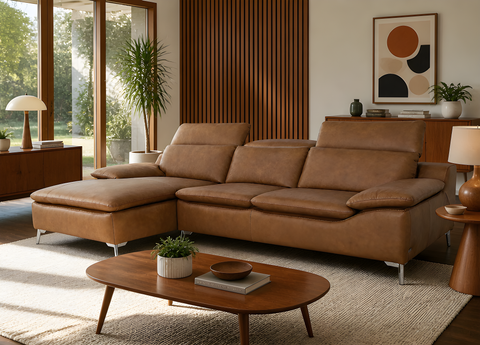 Milano Tan Leather Sectional Sofa - left Chaise