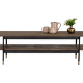 Millo Rectangular Coffee Table with Shelf showcasing rustic charm and industrial design with decorative items on top.