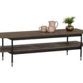Millo Rectangular Coffee Table with Shelf showcasing modern design with rustic and industrial elements in living space.