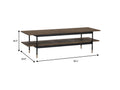 Millo Rectangular Coffee Table with Shelf featuring a rustic design and industrial style, showcasing dimensions of 55.1 x 19.6 x 16.5 inches.