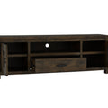 Mira Rustic TV Stand in dark wood featuring open storage compartments and a weathered finish for elegant living spaces.