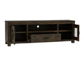 Mira Rustic TV Stand in dark wood featuring open storage compartments and a weathered finish for elegant living spaces.