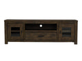 Mira Rustic TV Stand in dark wood with classic design, featuring solid Oakaia wood and weathered finish for rustic elegance.