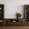 Mira Rustic TV Stand made of dark wood, featuring solid Oakaia wood with a weathered finish and a classic frame with clean lines.