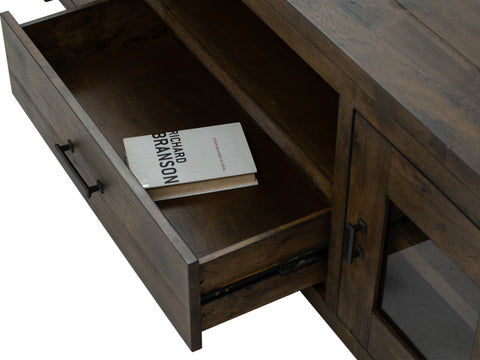 Open drawer of Mira Rustic TV Stand showing interior wood finish and a book, highlighting the dark wood craftsmanship.