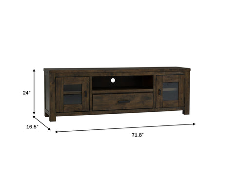 Mira Rustic TV Stand in dark wood with dimensions, ideal for modern and farmhouse decor.