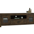 Mira Rustic TV Stand in dark wood finish, showcasing solid wood construction with glass-paneled doors and storage space for living rooms.