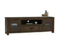 Mira Rustic TV Stand in dark wood finish, showcasing solid wood construction with glass-paneled doors and storage space for living rooms.