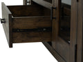 Close-up of a drawer in the Mira Rustic TV Stand showcasing the dark wood finish and weathered details.