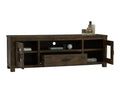 Mira Rustic TV Stand in dark wood with open shelving and cabinets, perfect for modern and traditional living spaces.