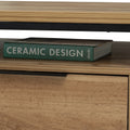 Close-up of Moda industrial Style Coffee Table with book on wooden shelf, showcasing wood-look laminate and black metal frame.