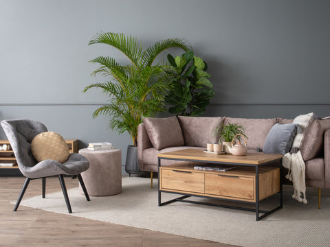 Modern living room featuring Moda industrial Style Coffee Table with wood-look design and black metal frame, open shelf, and drawers.