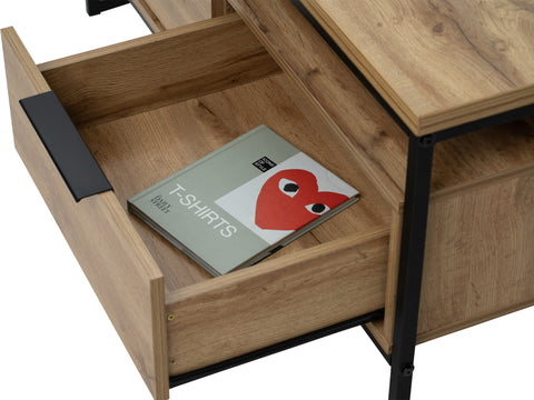 Moda industrial Style Coffee Table with open drawer showing book. Wood-look and black metal design enhances rustic and modern decor.