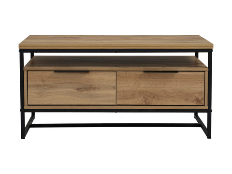 Moda industrial Style Coffee Table with wood-look laminated board and black metal frame, featuring open shelf and drawers