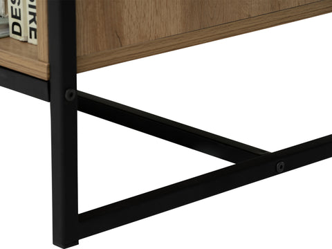 Close-up of Moda industrial Style Coffee Table showing wood-look board and black metal frame detail.