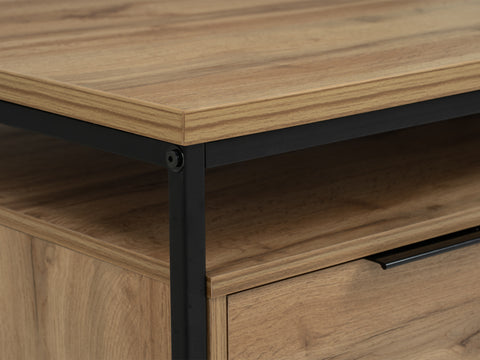 Moda industrial Style Coffee Table with wood-look laminated surface and black metal frame, featuring one of two drawers visible.