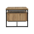 Moda industrial Style Coffee Table with wood finish and black metal frame, featuring open shelf and two drawers for storage.