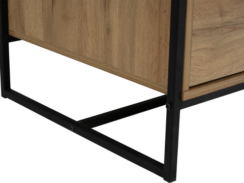 Close-up of a Moda industrial Style Coffee Table's wood-look laminated board and black metal frame.