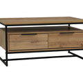 Moda industrial Style Coffee Table with wood-look body and black metal frame, featuring drawers and shelf for storage and display.