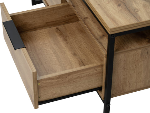 Open drawer of Moda industrial Style Coffee Table showing wood-look finish and black metal frame.