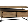 Moda industrial Style Coffee Table with wood-look laminated board and black metal frame, featuring open shelf and two drawers.