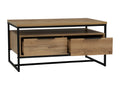 Moda industrial Style Coffee Table with wood-look laminated board and black metal frame, featuring open shelf and two drawers.