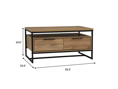 Moda industrial Style Coffee Table with wood-look laminated board and black metal frame, featuring an open shelf and two drawers.