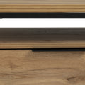 Close-up of Moda industrial Style Coffee Table with wood-look laminated board and black metal frame, highlighting the sleek design.