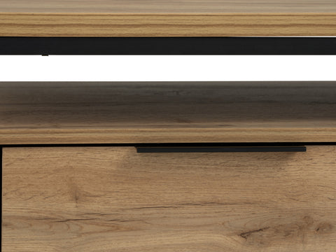 Close-up of Moda industrial Style Coffee Table with wood-look laminated board and black metal frame, highlighting the sleek design.