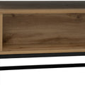 Close-up of Moda industrial Style Coffee Table with wood-look laminated board and black metal frame showcasing open shelf.