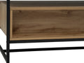 Close-up of Moda industrial Style Coffee Table with wood-look laminated board and black metal frame showcasing open shelf.
