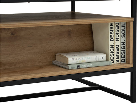 Close-up of open shelf in Moda industrial Style Coffee Table with books and decor, featuring wood-look board and black metal frame.
