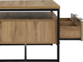 Side view of Moda industrial Style Coffee Table with open drawer, showcasing wood-look laminated board and black metal frame.