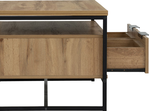 Side view of Moda industrial Style Coffee Table with open drawer, showcasing wood-look laminated board and black metal frame.